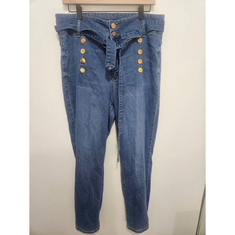 Eloquii Denim High Rise Sailor Skinny Jeans Blue Gold Button Tie Waist Size 16